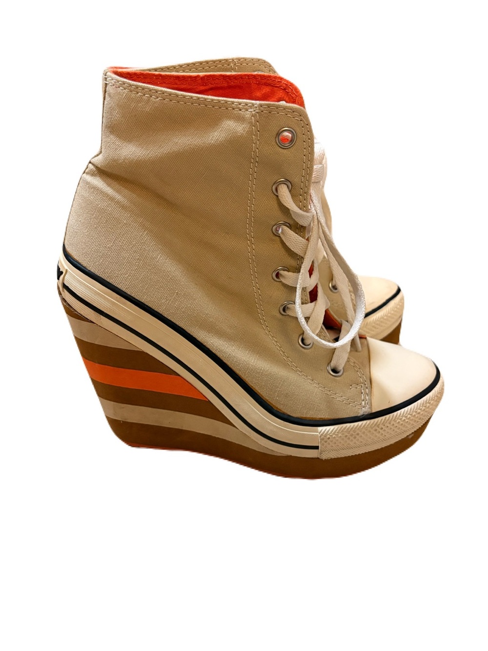 Rock & Candy Beige Canvas Wedge Sneakers with Orange Accents